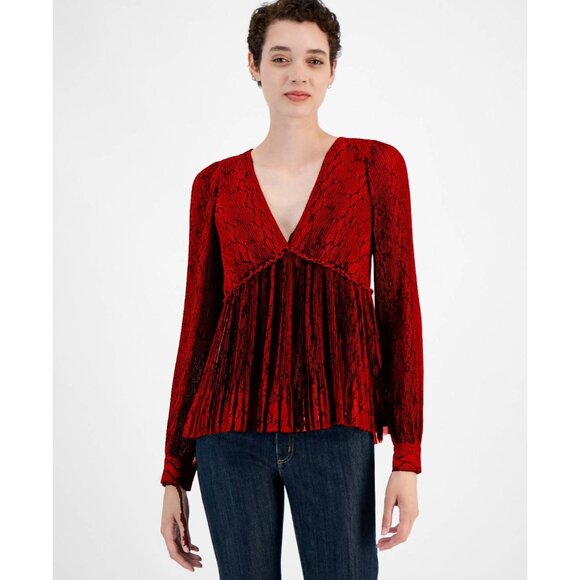 Michael Kors Women's Printed Pleated Top Red Size L MSRP $135 - Picture 1 of 3